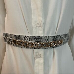 White faux leather snake print elastic waistband chained skinny belt